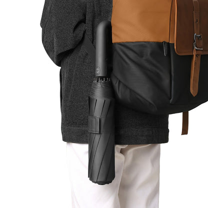 Automatic 10-Rib Folding Umbrella with Carabiner Handle Windproof - Black