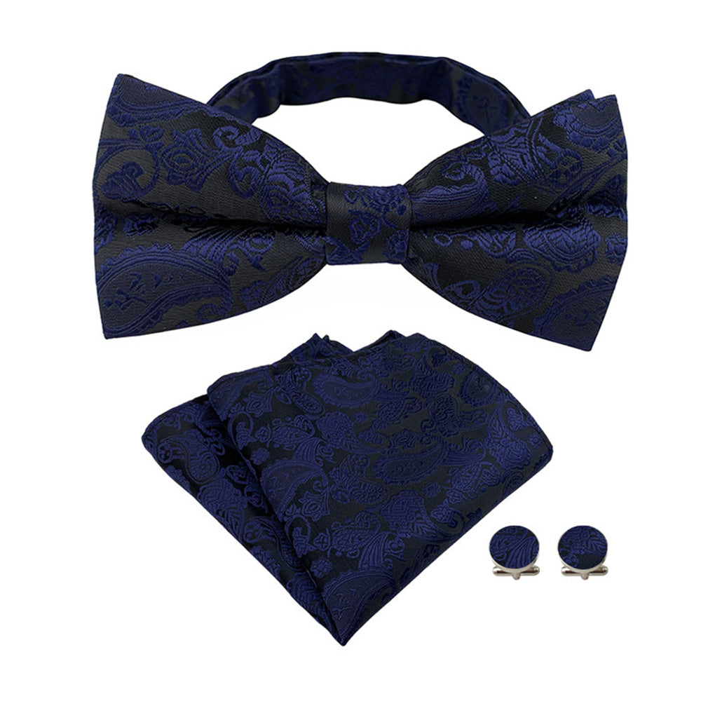 4 Piece Mens Jacquard Pre Tied Bow Tie Pocket Square and Cufflink Set - Dark Blue