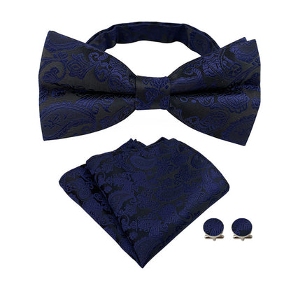 4 Piece Mens Jacquard Pre Tied Bow Tie Pocket Square and Cufflink Set - Dark Blue