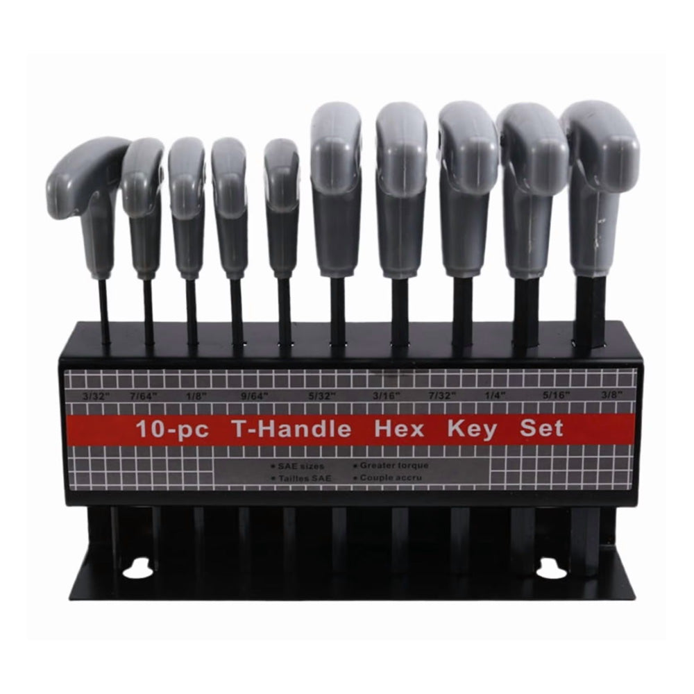 10 Piece CRV T Handle Hex Key Wrench Set with Metal Storage Stand - Grey