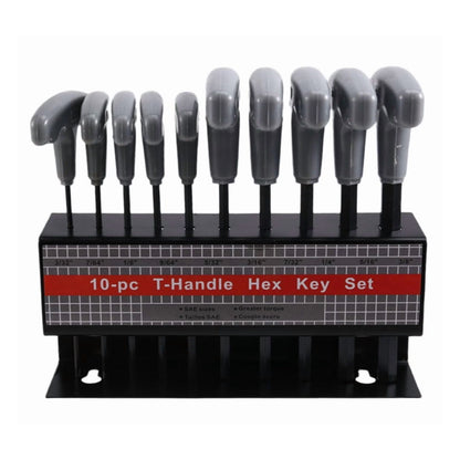 10 Piece CRV T Handle Hex Key Wrench Set with Metal Storage Stand - Grey