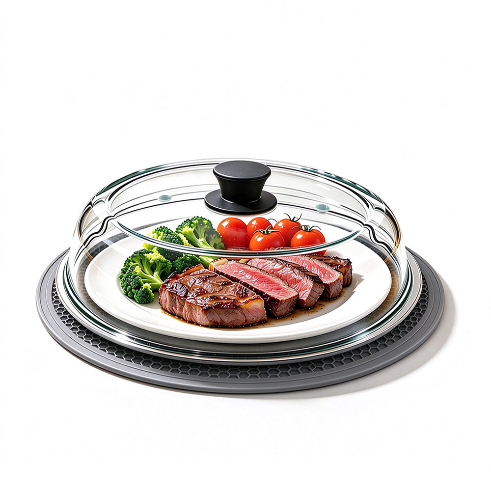 Microwave Glass Splatter Cover with Silicone Trivet Dual Vents - Grey