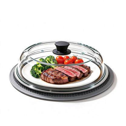 Microwave Glass Splatter Cover with Silicone Trivet Dual Vents - Grey