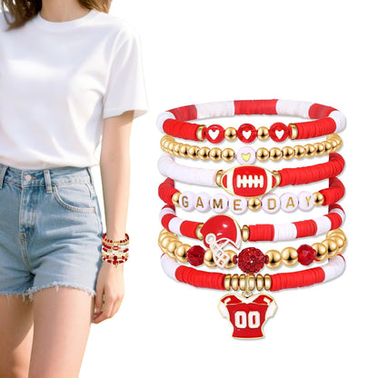 7 Piece Elastic Clay Bead Football Bracelet Stack Set - Red