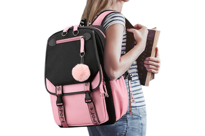 Girls Backpack Middle School Students Bookbag with USB Charge Port-Pink