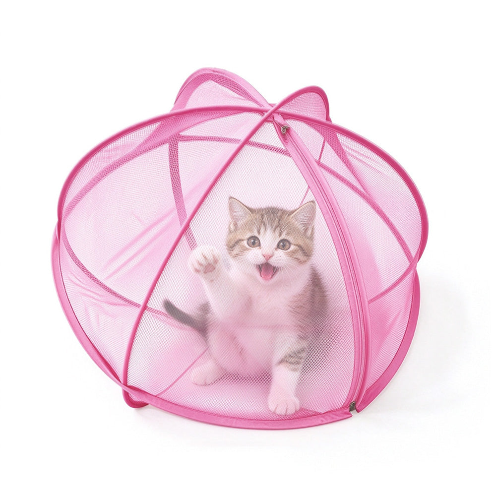 Foldable Pop Up Mesh Pet Playpen Tent with Zipper for Cats - Pink