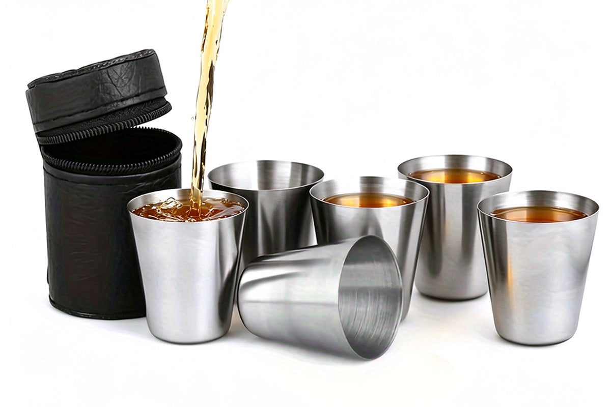 6 Pieces 30ml Stainless Steel Shot Cup Set with PU Carry Pouch
