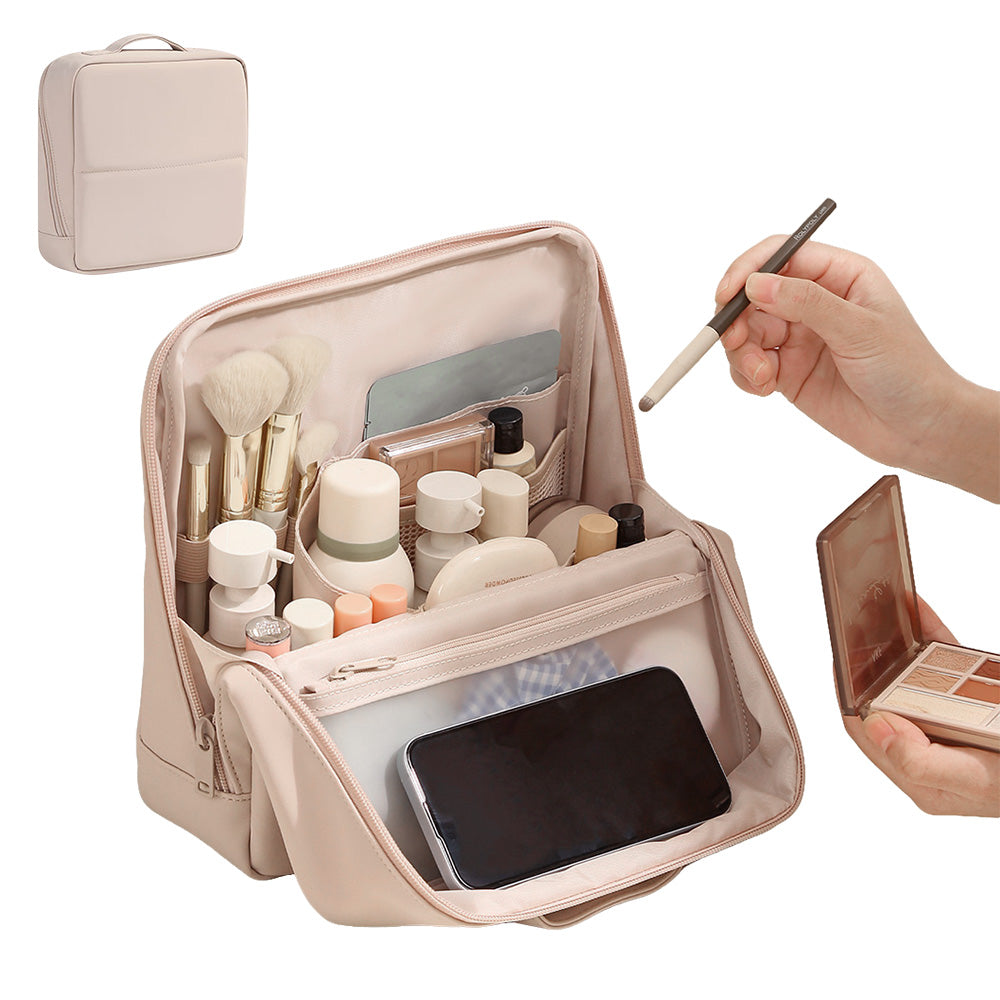 Portable PU Leather Standing Makeup Organizer Bag Makeup Brush Pouch - Pink
