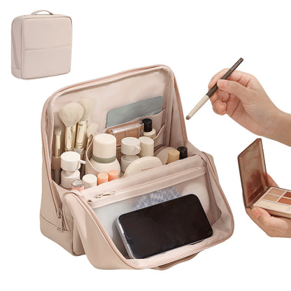 Portable PU Leather Standing Makeup Organizer Bag Makeup Brush Pouch - Pink