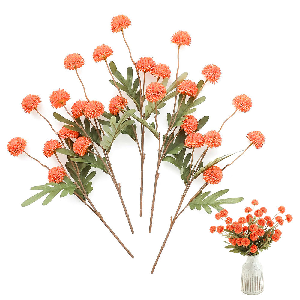 5 Pack Stem Cloth Dandelion Ball Artificial Flowers with Bendable Stems - Orange