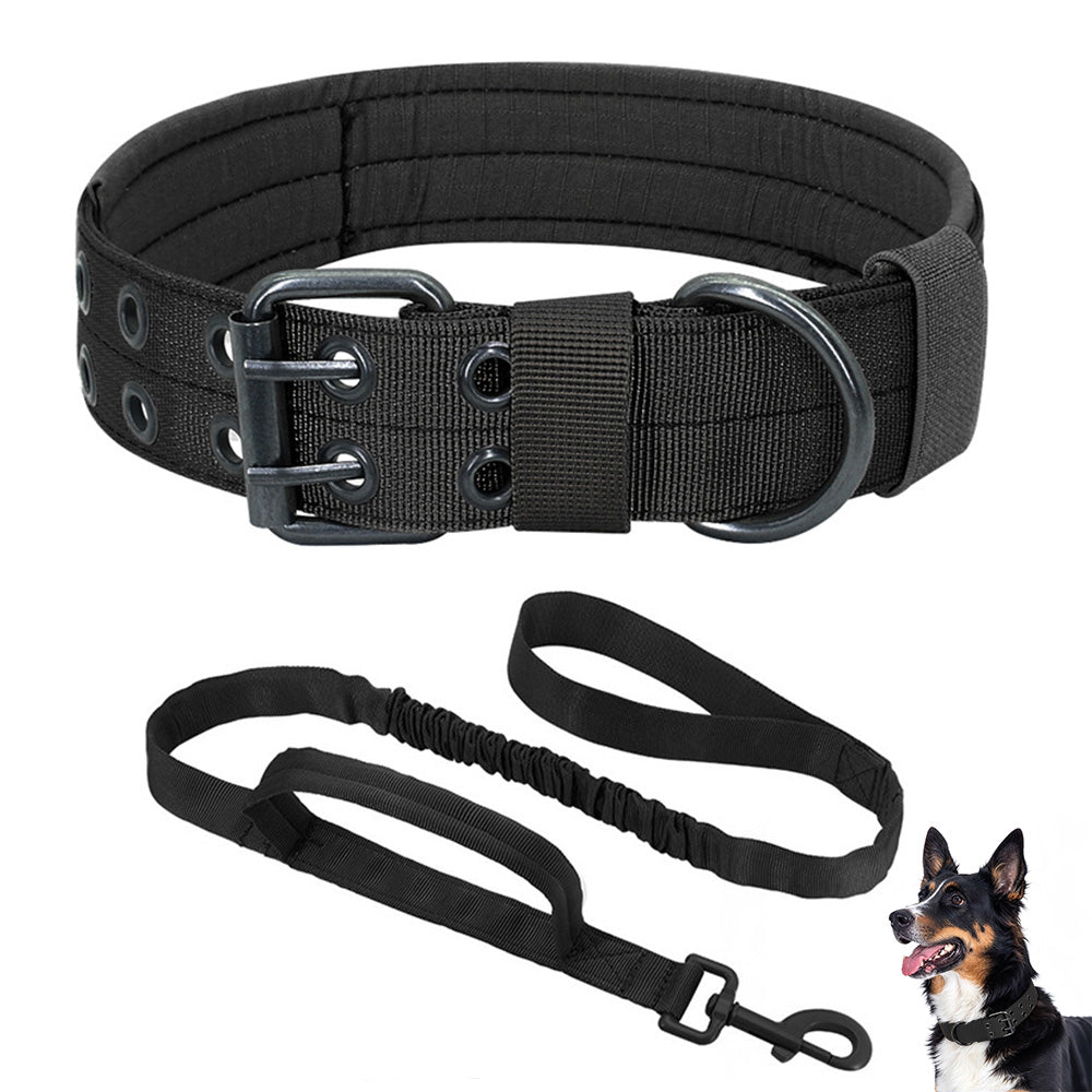 Adjustable Padded Nylon Dog Collar and Leash Set for Large Dogs - Black
