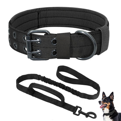 Adjustable Padded Nylon Dog Collar and Leash Set for Large Dogs - Black