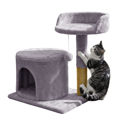 Small Cat Tree Tower with Enclosed Condo Scratching Post and Hanging Toy - Light Grey