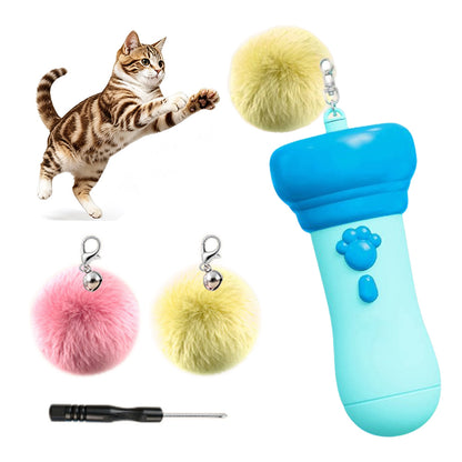 Cat Teaser Launcher with Retractable Cord and 2 Plush Balls - Blue