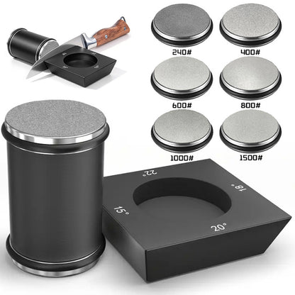 Rolling Knife Sharpener Kit with 6 Diamond Discs and Angle Guide Base - Black Four Angle