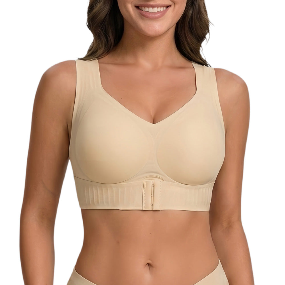 Wireless Front Closure Seamless Full Coverage Cross Back Bra - Nude