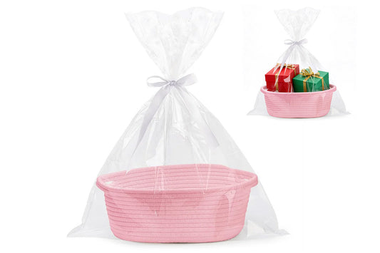 Gift Basket With Gift Bag And Ribbons Woven Storage Basket With Handle-Pink