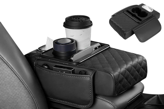Car Armrest Cushion Organizer with Cup Holder Center Console Booster Pad-Black