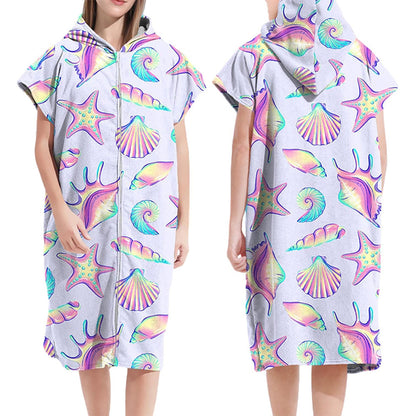 Adult Hooded Zip Up Swim Changing Robe Microfiber Beach Towel Poncho - Shell