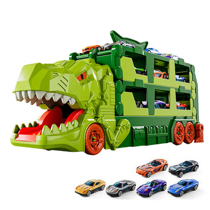 Foldable Dinosaur Truck with Dual Tracks and 6 Small Cars - Green