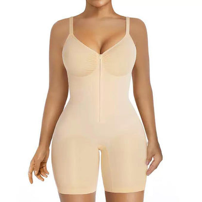 Shaping Bodysuit with Front Zipper Hook and Adjustable Straps - Nude