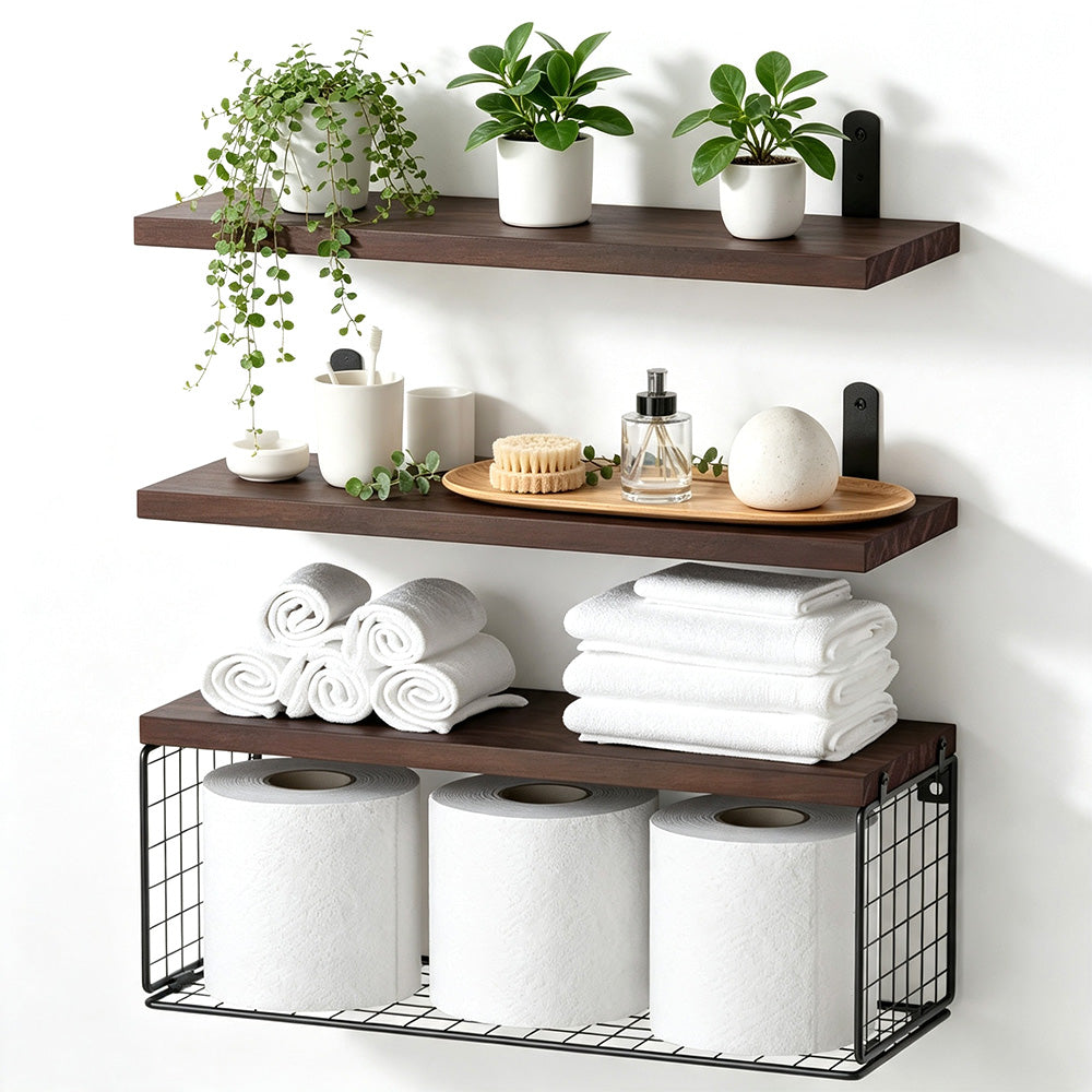 3 Piece Engineered Wood Wall Shelves with Storage Basket - Brown