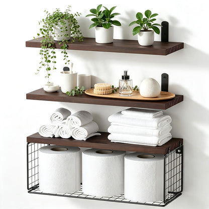 3 Piece Engineered Wood Wall Shelves with Storage Basket - Brown