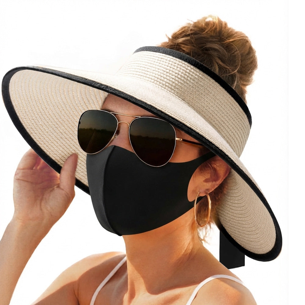 Foldable Adjustable Wide Brim Open Top Outdoor Sun Visor Hat - Beige