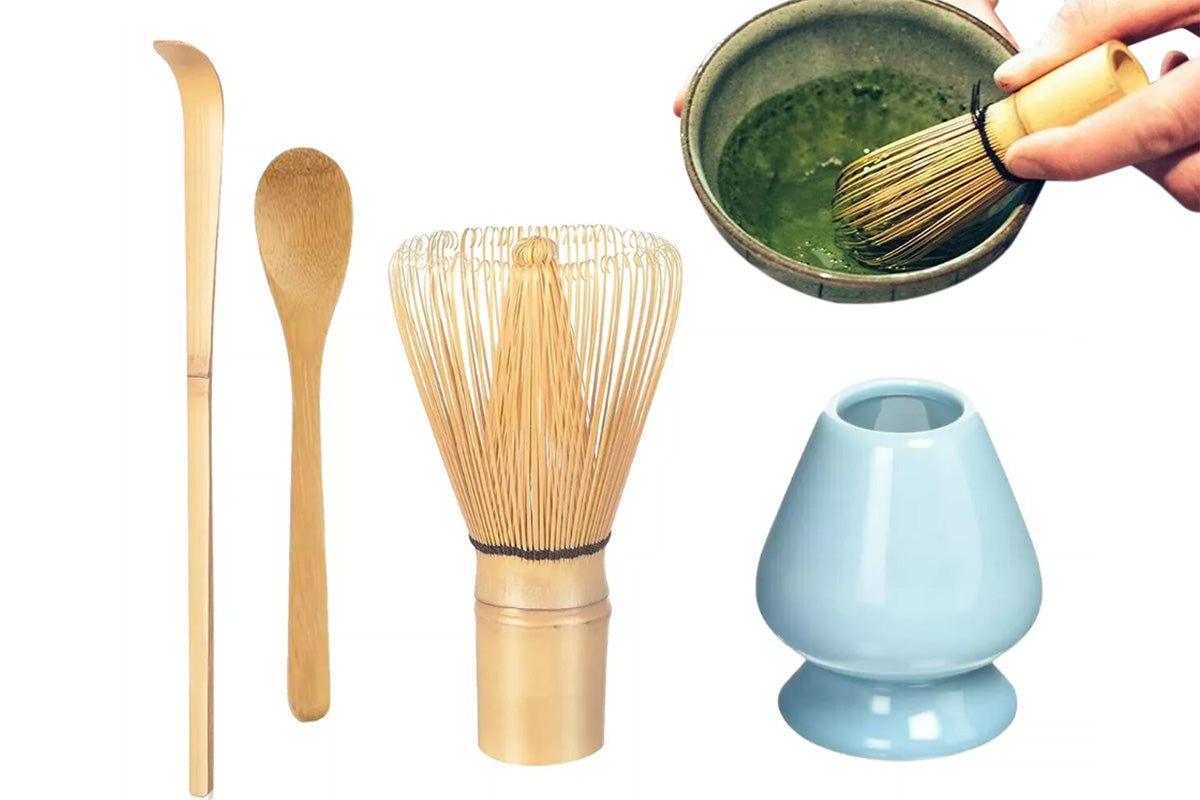4Pcs Bamboo Matcha Whisk Set Chasen Chashaku Matcha Whisk for Tea Ceremony-Blue