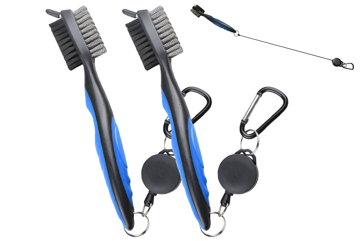2Pcs Dual Sided Golf Club Groove Brush Tool with Retractable Carabiner -Blue