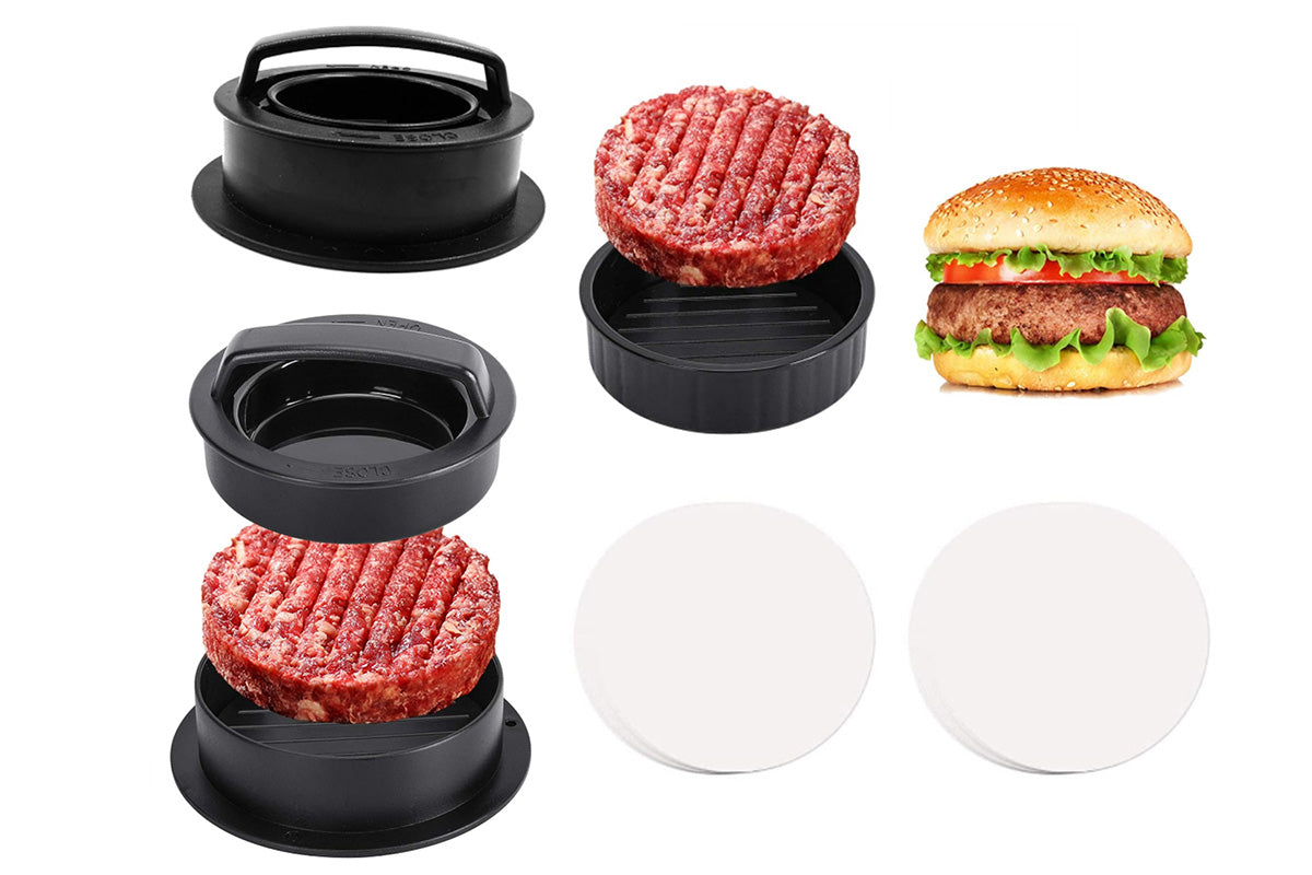 2Pcs Non Stick Stuffed Burger Press Hamburger Patty Molds Maker with 100 Wax Paper