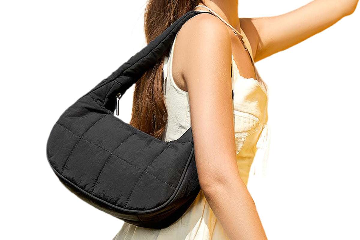 Puffer Crescent Shoulder Bag for Women Quilted Handbag with Adjustable Strap -Black