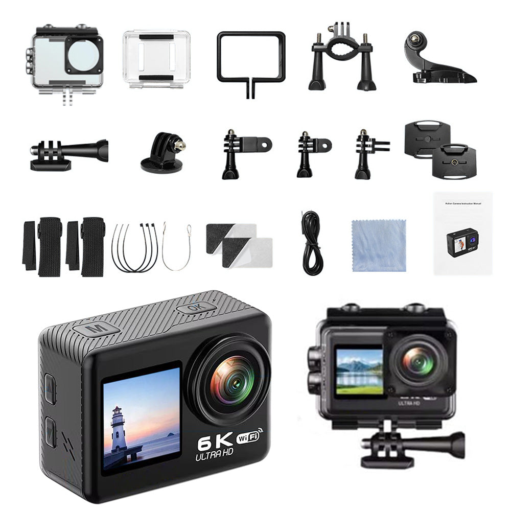 6K 30FPS Action Camera with Waterproof Case Dual Screens and EIS Stabilization