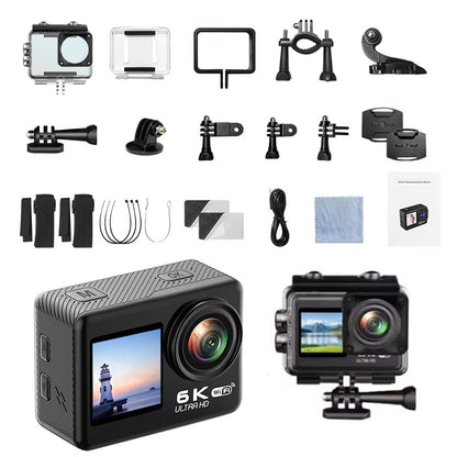6K 30FPS Action Camera with Waterproof Case Dual Screens and EIS Stabilization