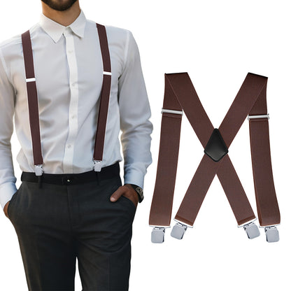Mens X Back Elastic Suspenders with 4 Metal Clips - Coffee