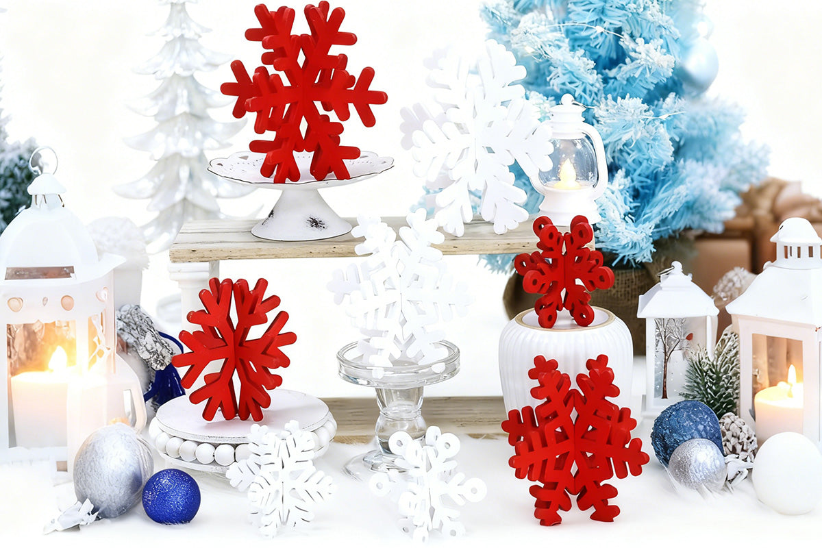 8Pcs 3D Wooden Snowflake Table Decor Christmas Wonderland Centerpiece-Red White