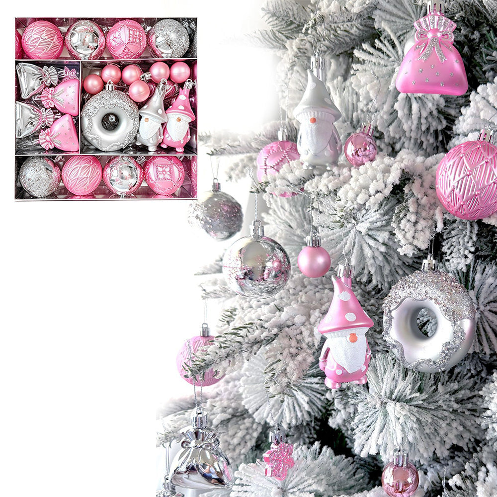60 Piece Christmas Donut Santa Gnome Ball Hanging Ornament Set - Pink