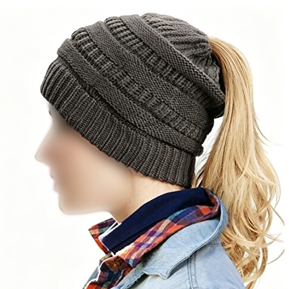 Winter Cable Knit Ponytail Beanie High Bun Crochet Hat - Grey