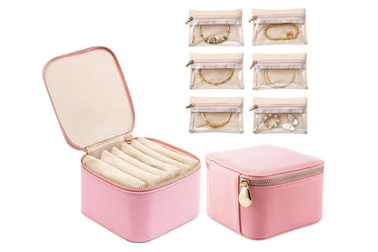 Travel Jewelry Case Small Jewelry Box with 6 Transparent Zipper Pockets-Pink