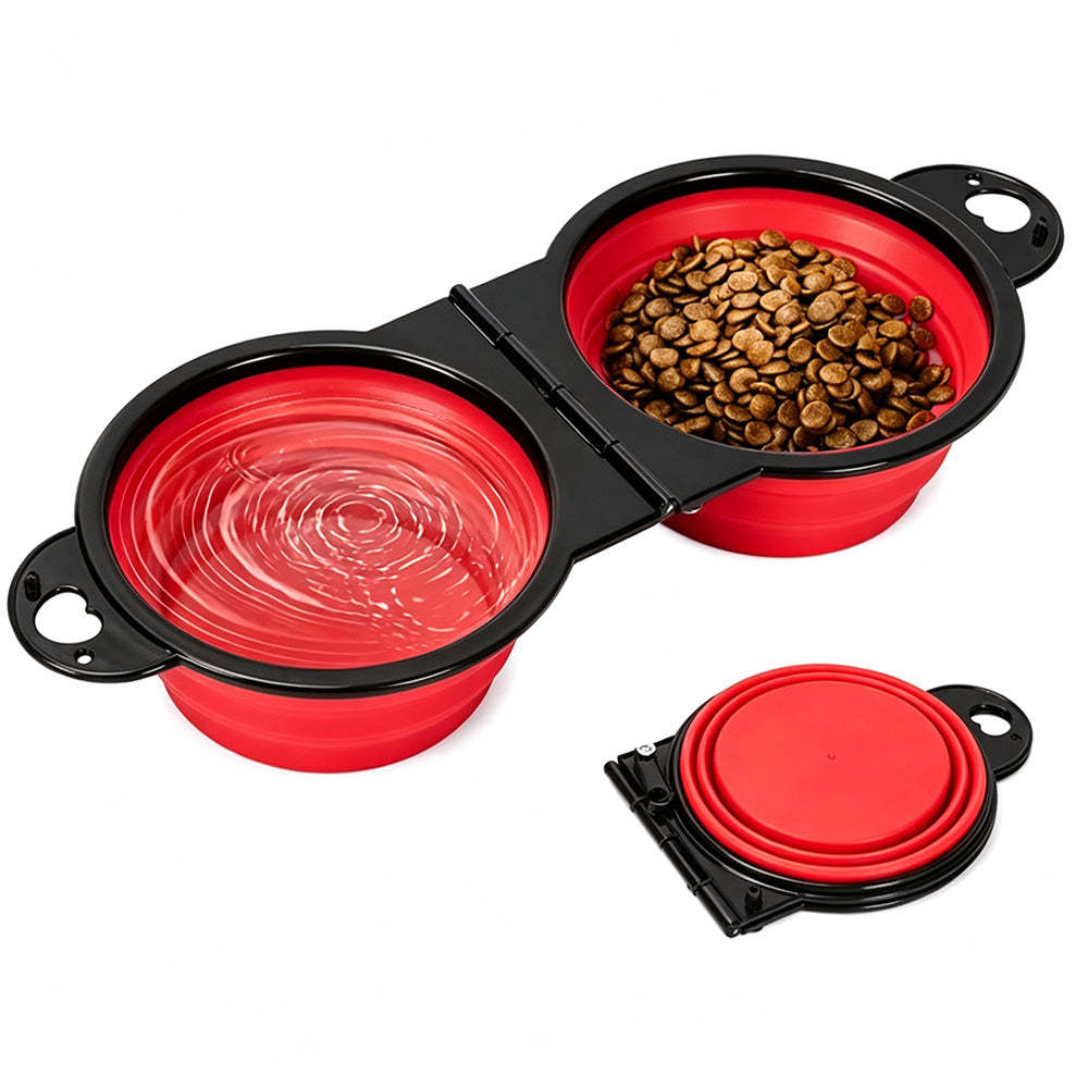 Portable Foldable Dual Pet Bowls for Cats Dogs Outdoor Home Use - Red