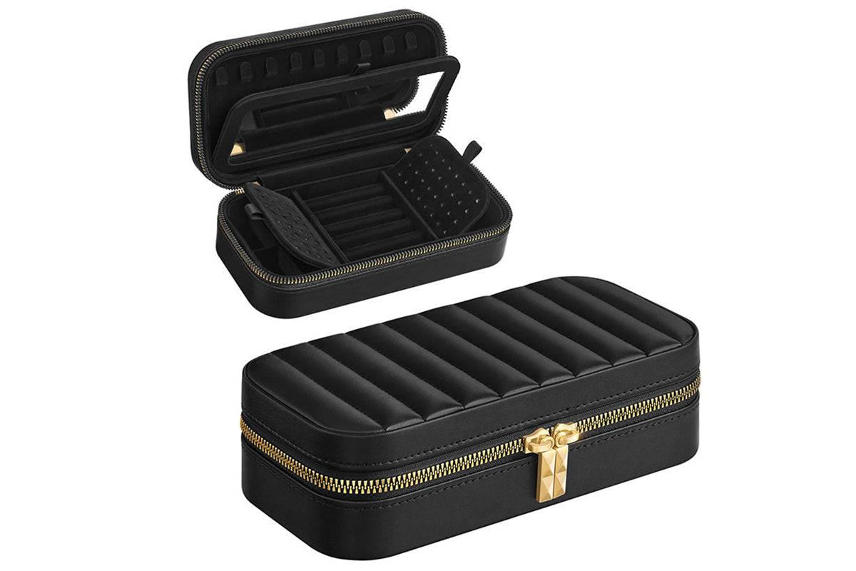 Travel Jewelry Case Jewelry Box Organizer With Mirror Display Case Storage-Black