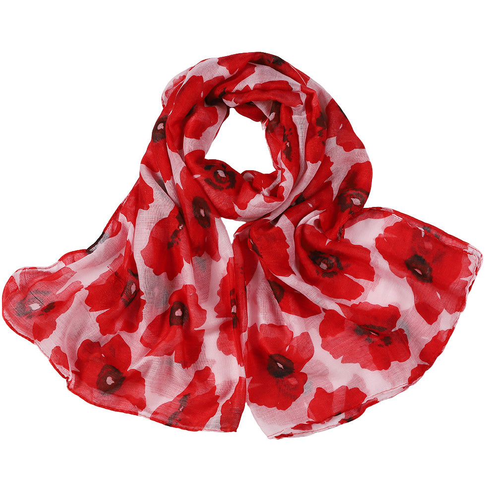 Vintage Floral Polyester Scarf Shawl for Travel and Sun Coverage - White