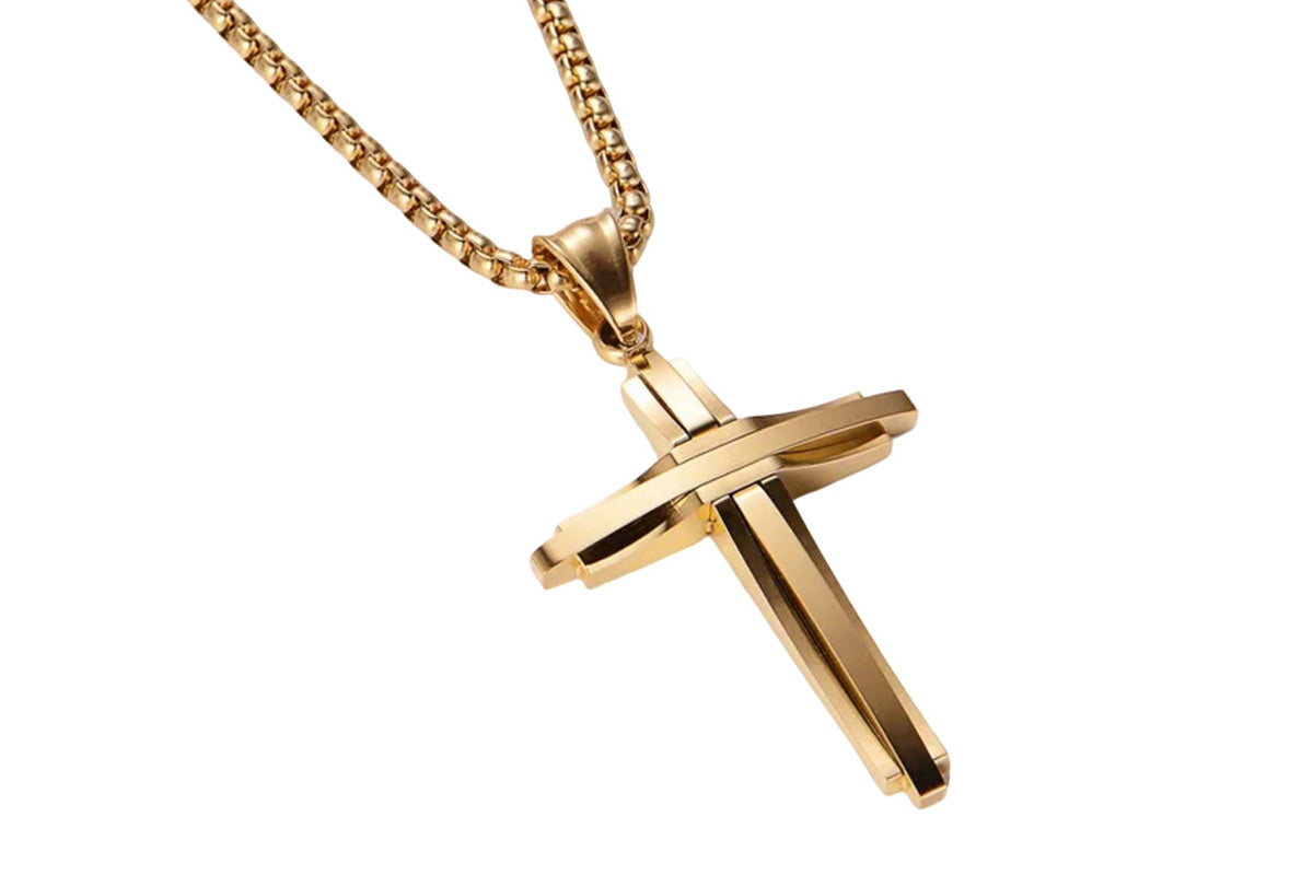 Crucifix Pendant Necklace Titanium Steel Unisex Chain -Gold