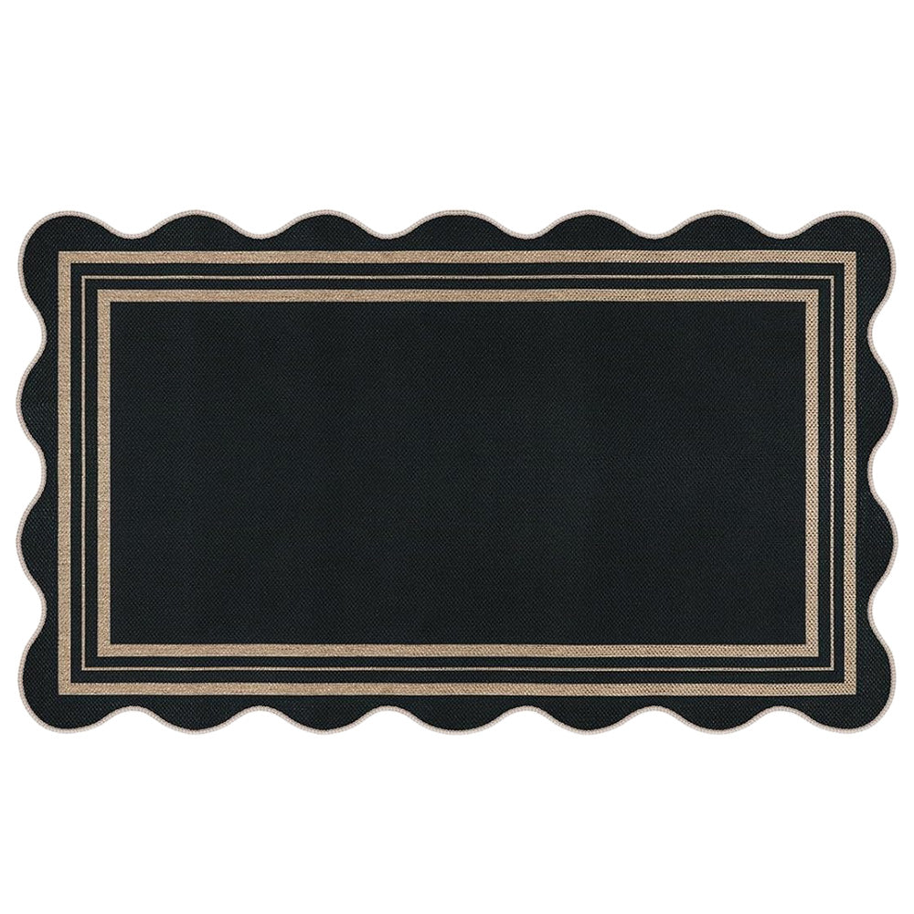 Polyester Floor Mat with Scalloped Edge Doormat for Entryway Black 120x180cm