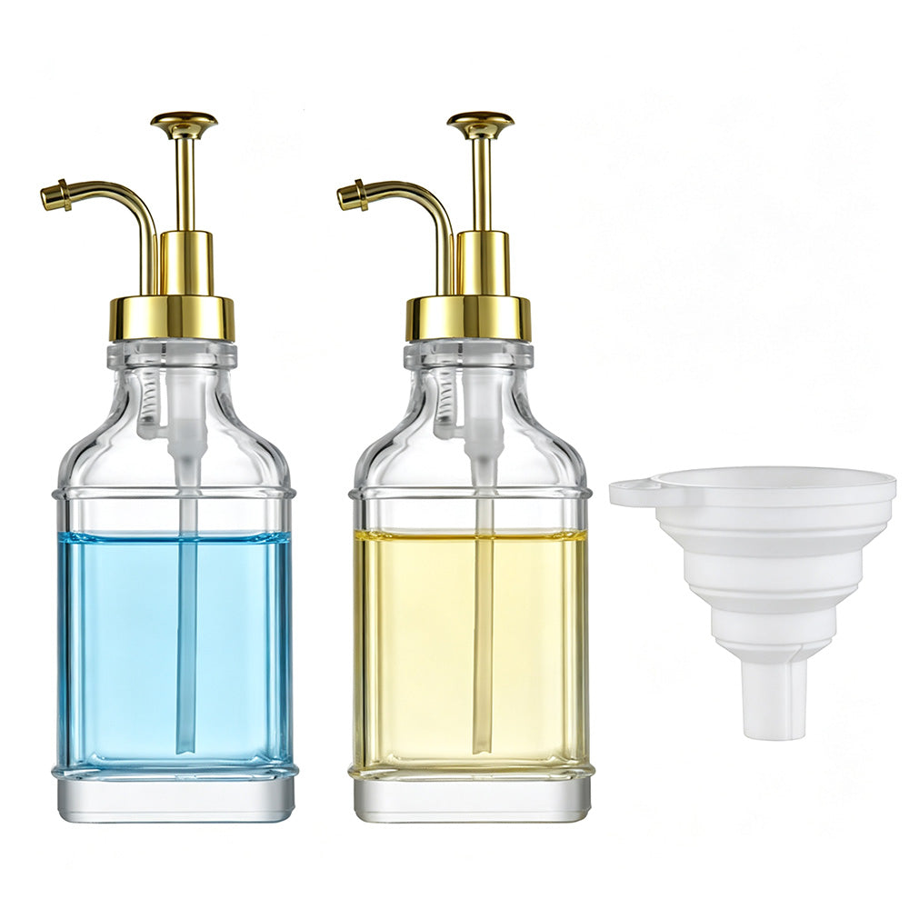 2 Pack 500ml Square Glass Syrup Soap Dispenser Bottles with Funnel - Gold