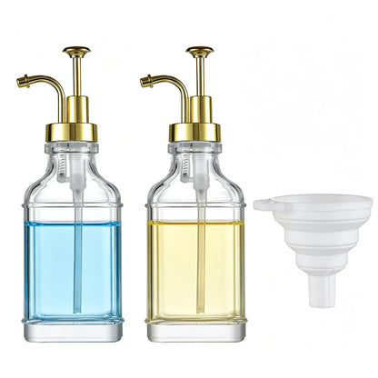 2 Pack 500ml Square Glass Syrup Soap Dispenser Bottles with Funnel - Gold