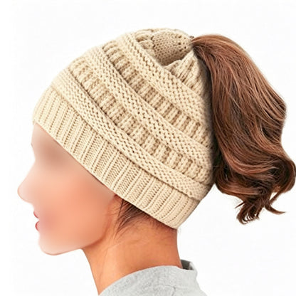 Winter Cable Knit Ponytail Beanie High Bun Crochet Hat - Beige