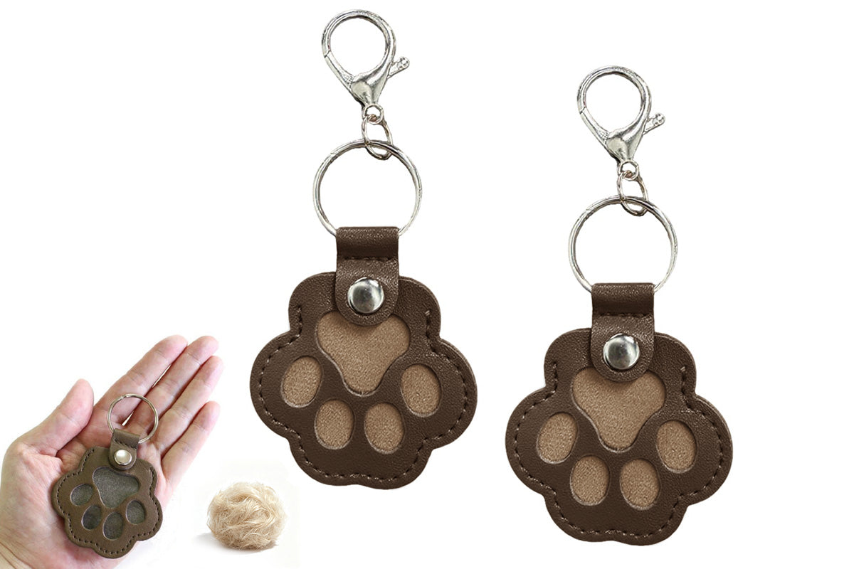 2PCS Pet Paw Shaped Key Chain Pet Fur Key Chain Pet Memorial Gift Key Ring-Brown