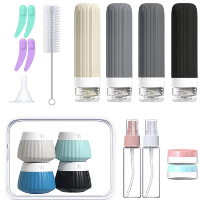 18 Piece Silicone Leak Resistant Travel Toiletry Bottle Set - Black