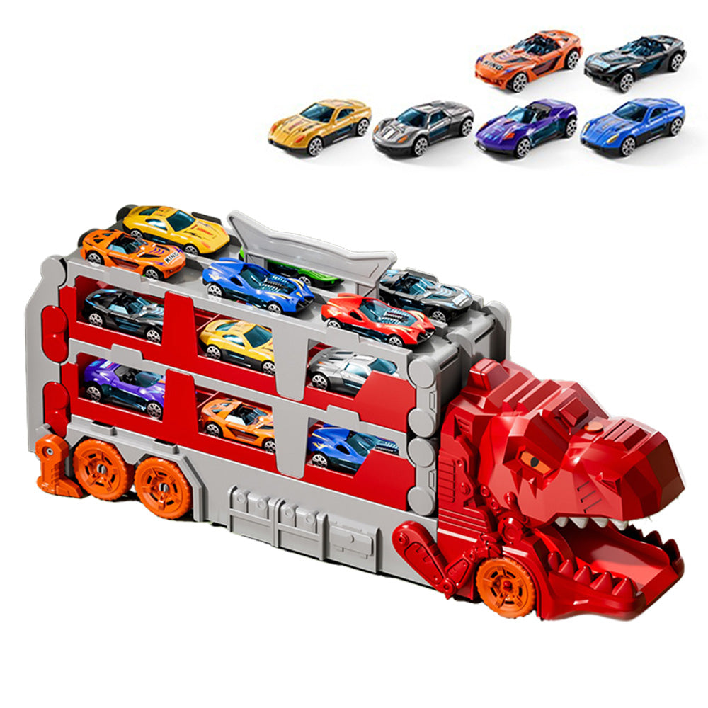 Foldable Dinosaur Truck with Dual Tracks and 6 Small Cars - Red